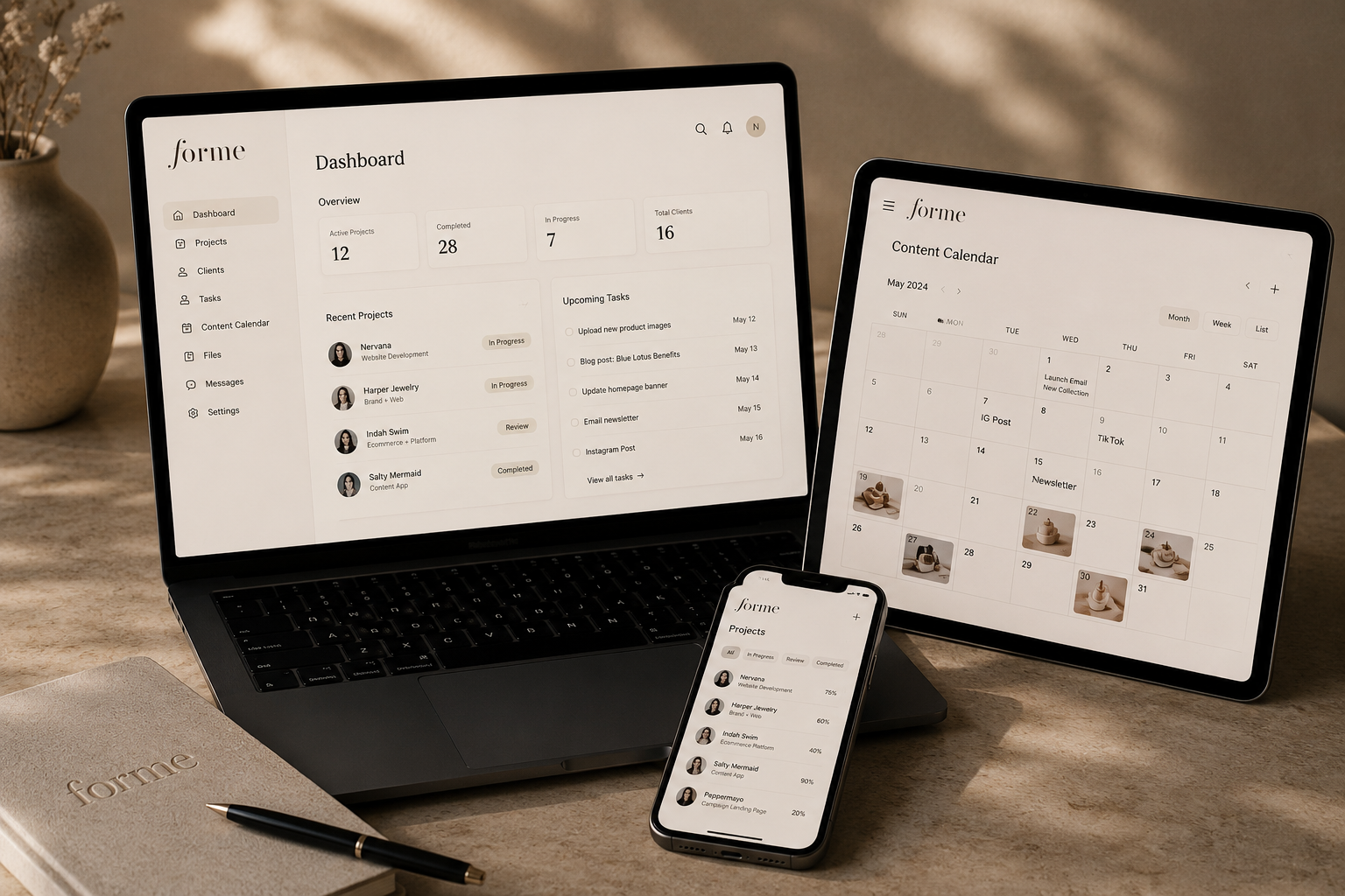 The Forme dashboard, calendar and app shown across a laptop, tablet and phone on a warm desk.