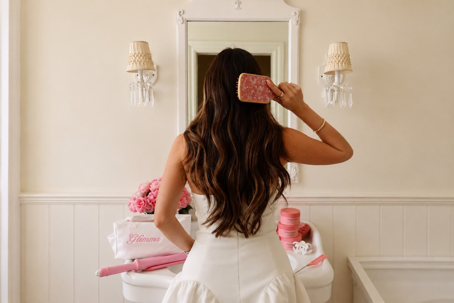 Nat brushing her hair at a vanity styled with Glimmr product