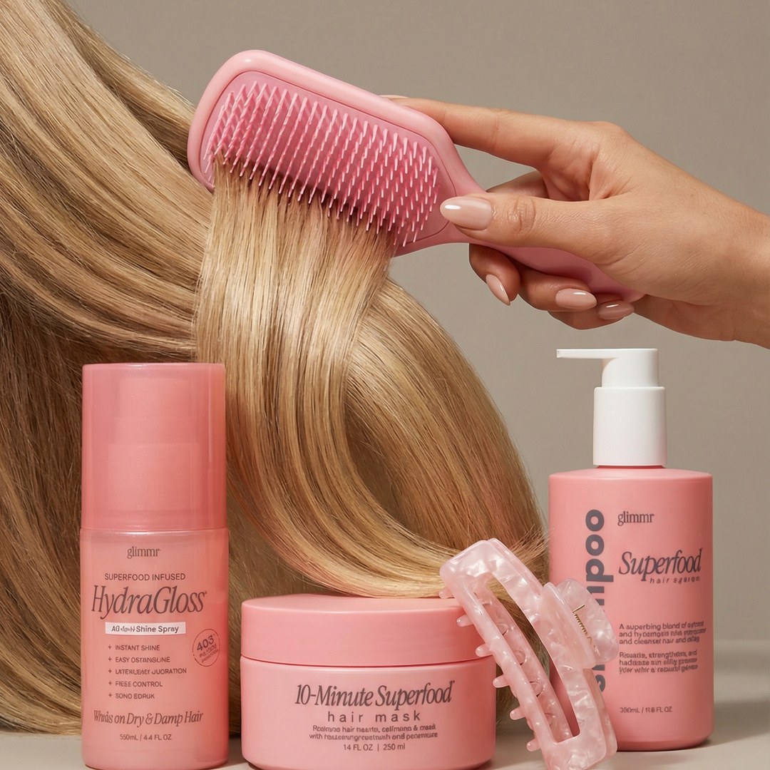 The Glimmr superfood hair range styled together