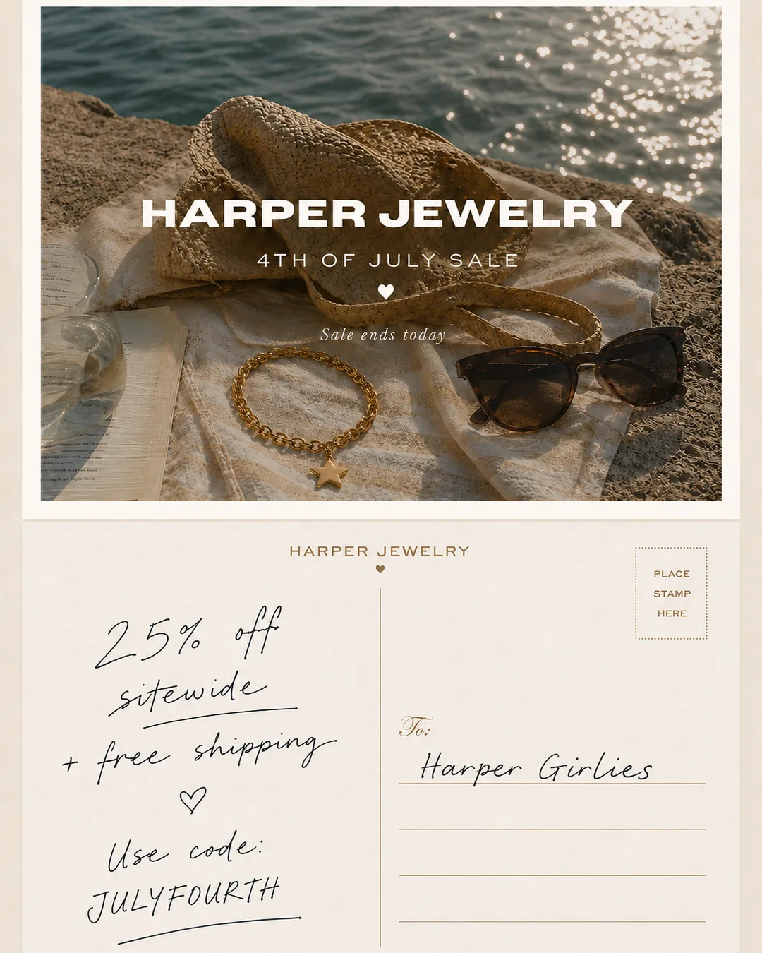 Fourth of July sale postcard — a beach still life over a handwritten 25% off note