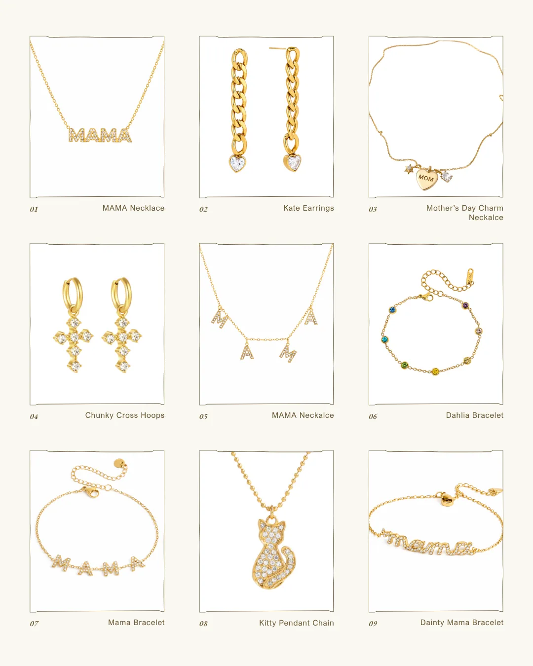 MAMA collection product sheet — nine gold pieces with handwritten-style labels on cream