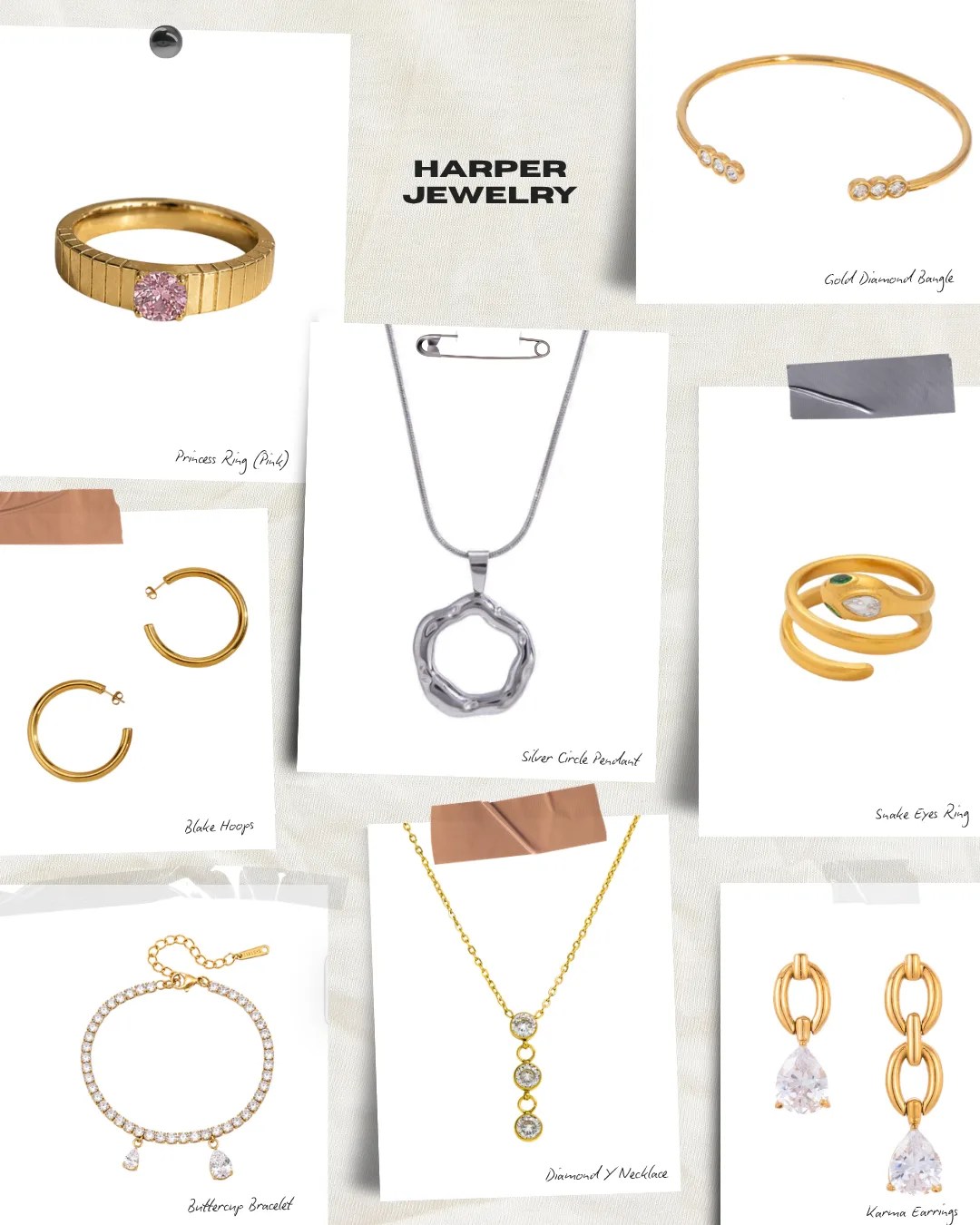 New-pieces moodboard collage — jewelry cards taped over white fabric