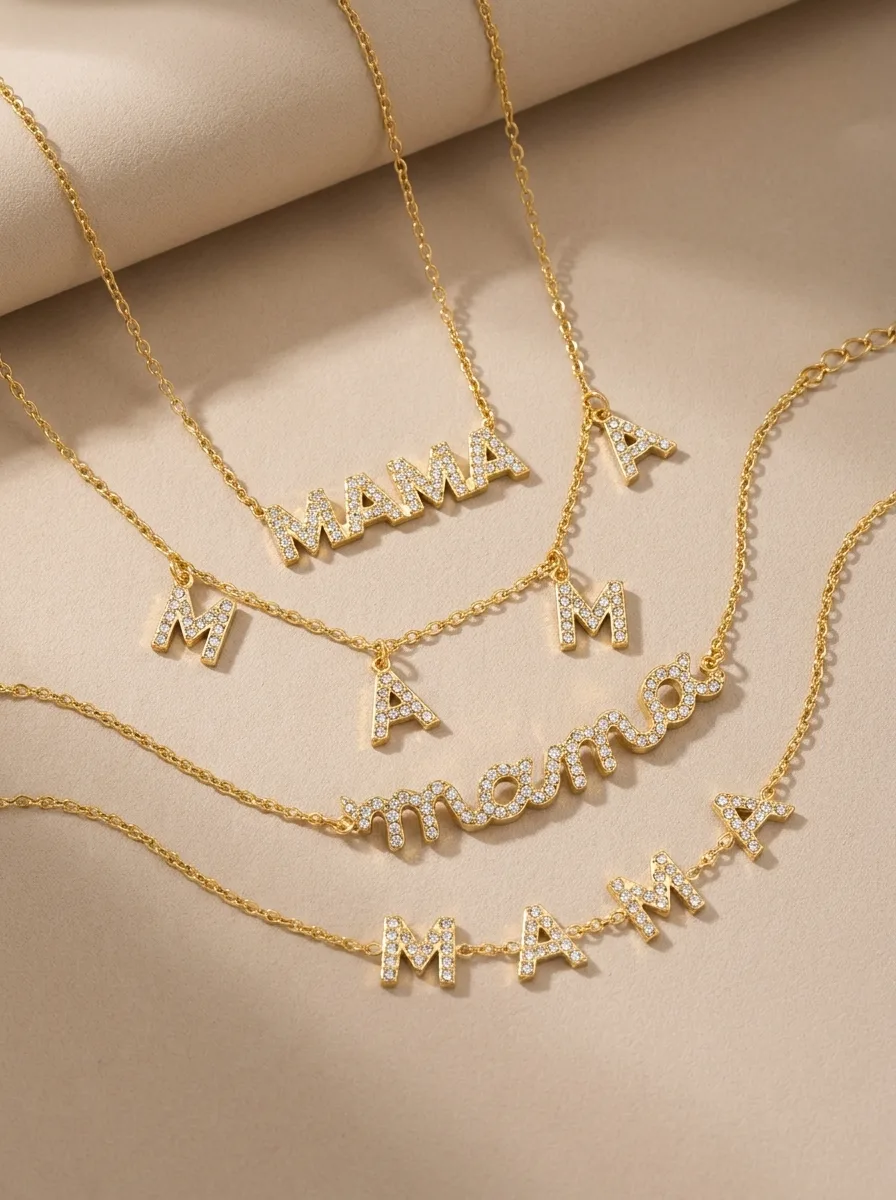 Three MAMA necklaces styled on rolled cream paper