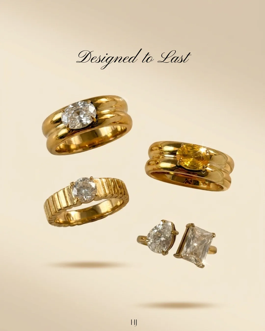 “Designed to Last” editorial card with floating gold rings