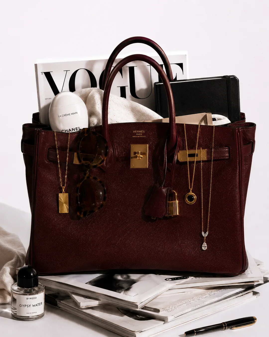 A burgundy Birkin bag packed with magazines, gold necklaces and sunglasses