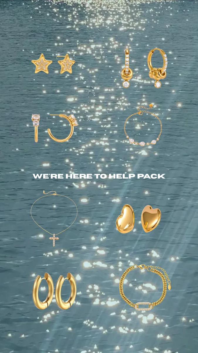 “We’re here to help pack” story — gold jewelry over a sparkling sea