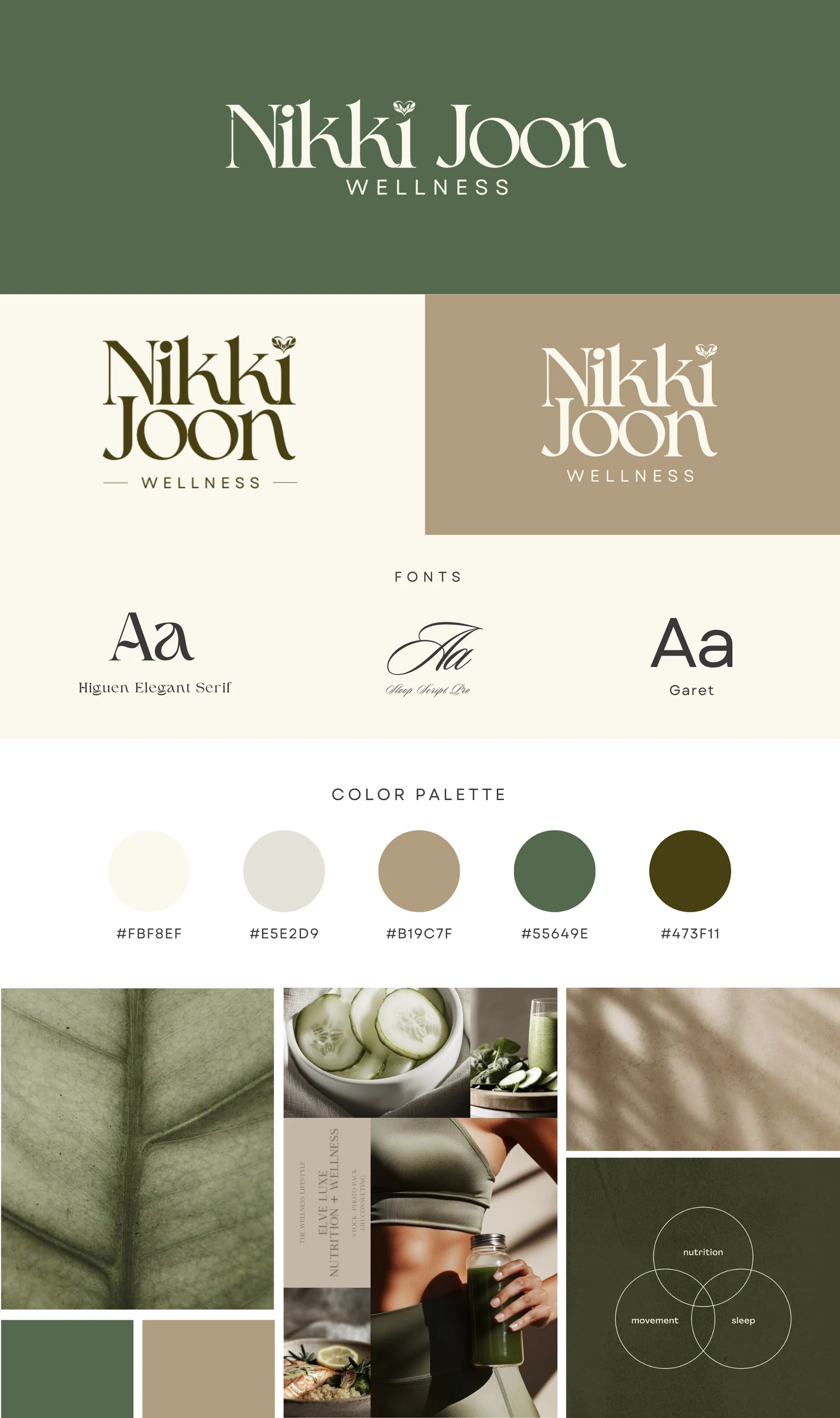 The new Nikki Joon Wellness brand board — green and cream system, refined wordmark