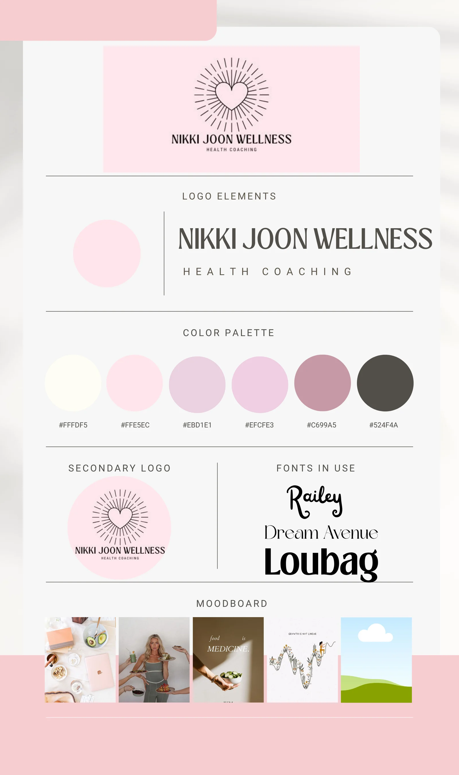 The old Nikki Joon Wellness brand board — pink palette, heart logo, script fonts