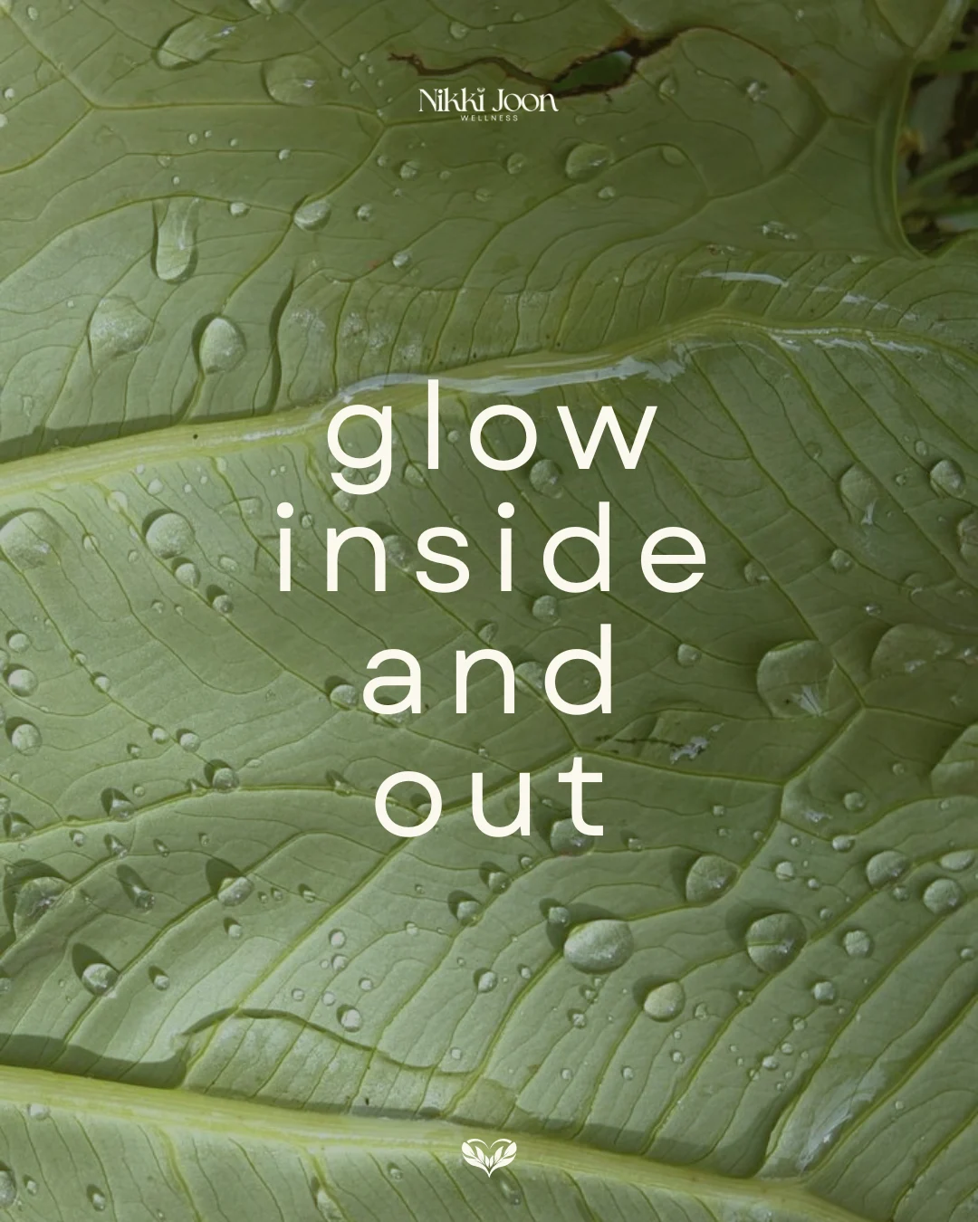 Glow inside and out graphic over a dewy leaf
