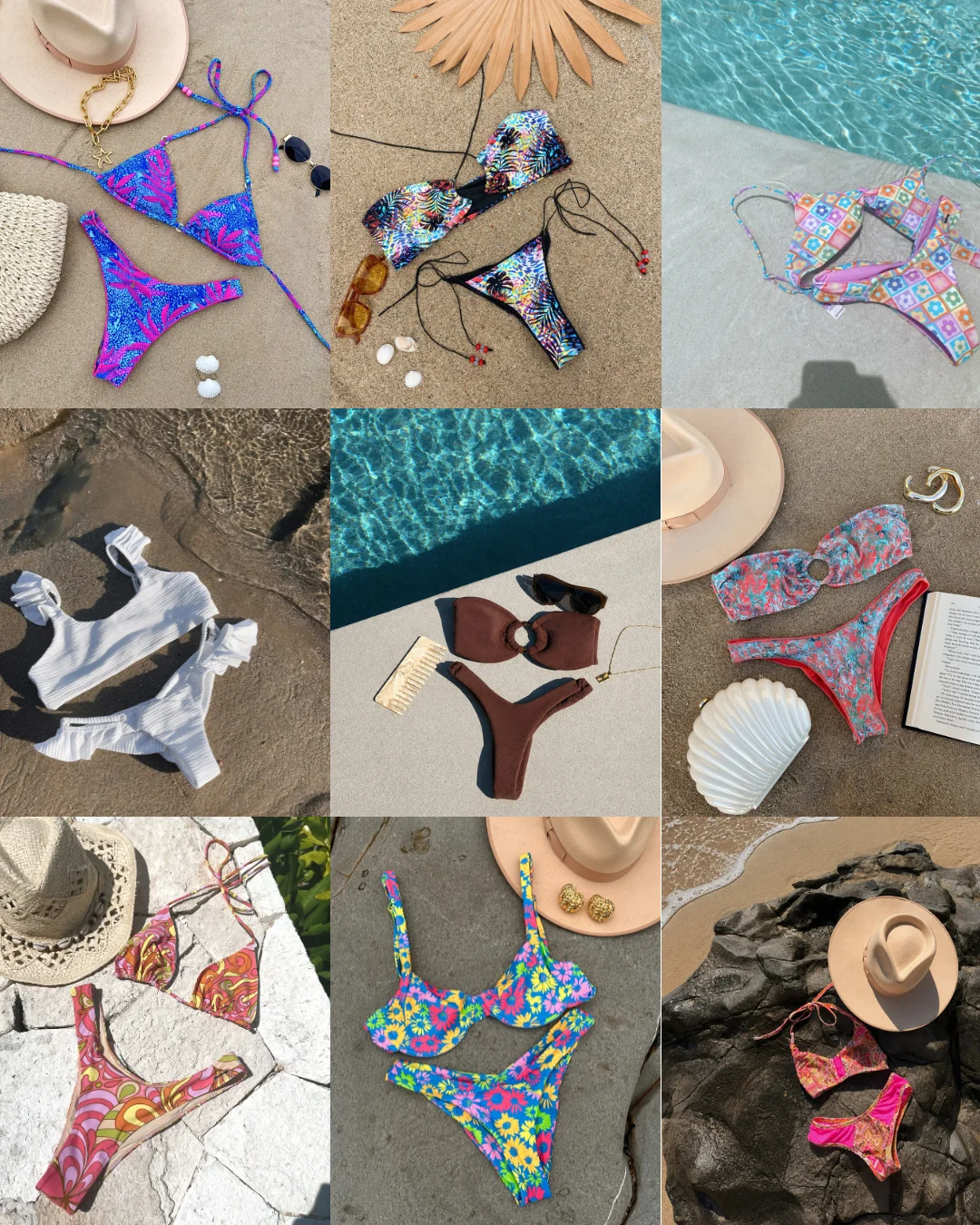 Salty Mermaid flat-lay grid — nine suits styled with hats and jewelry